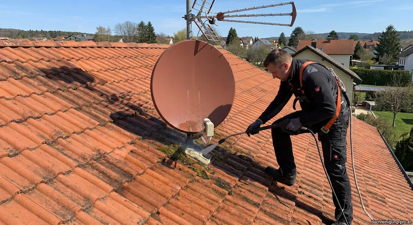 Mann reinigt Satellitenschüssel auf dem Dach