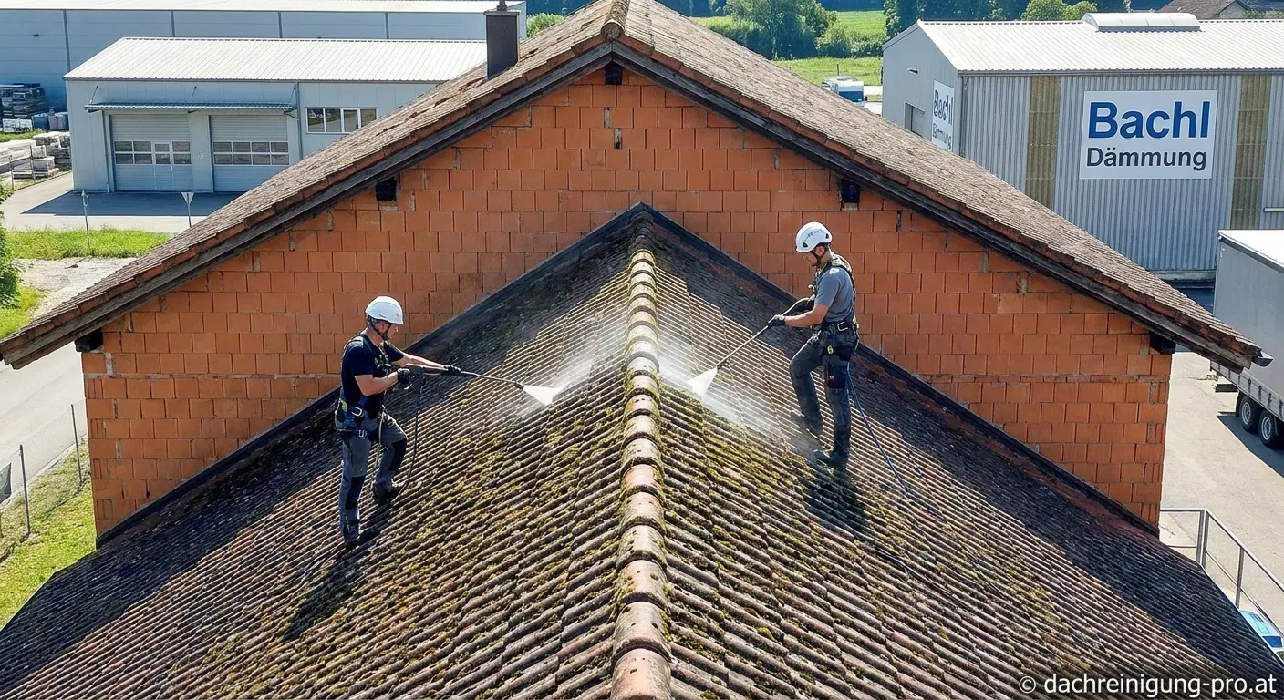 Professionelle Dachreinigung bei einem Haus mit Bachl Dämmung