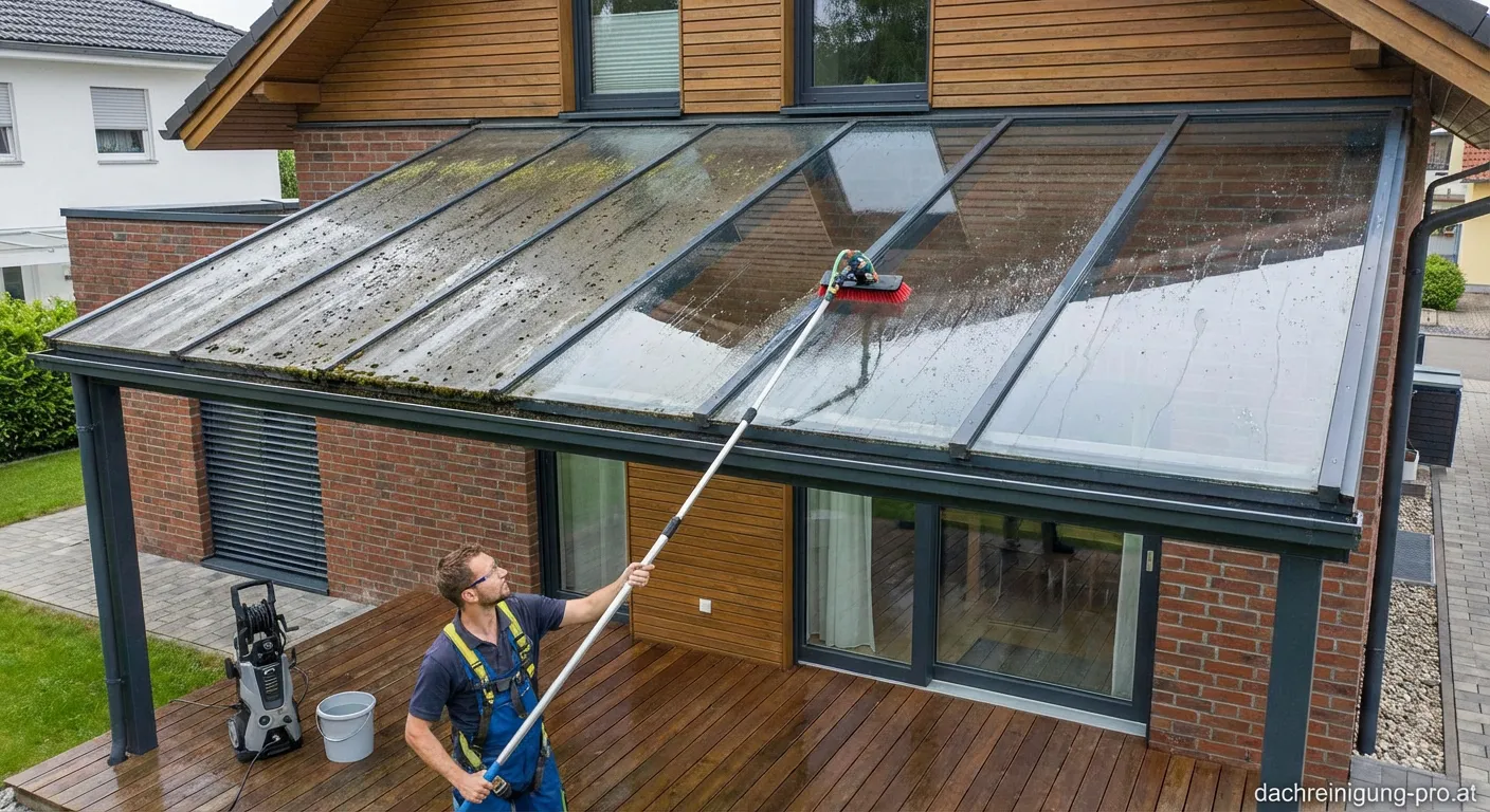 Person reinigt Balkonüberdachung mit Teleskopbürste und Wasser