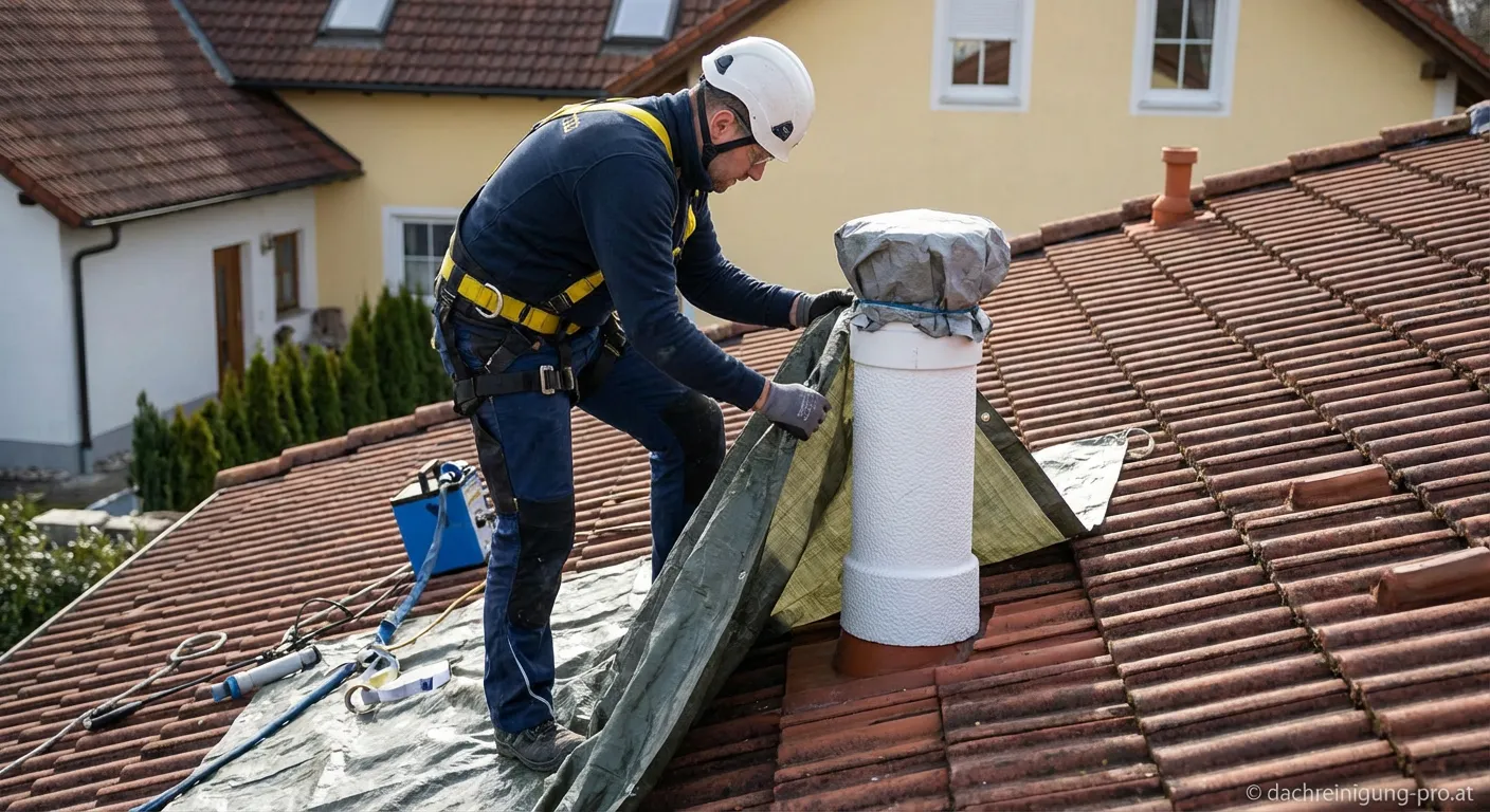 Dachreinigung in der Nähe eines Centrotherm Abgasrohrs auf einem Ziegeldach