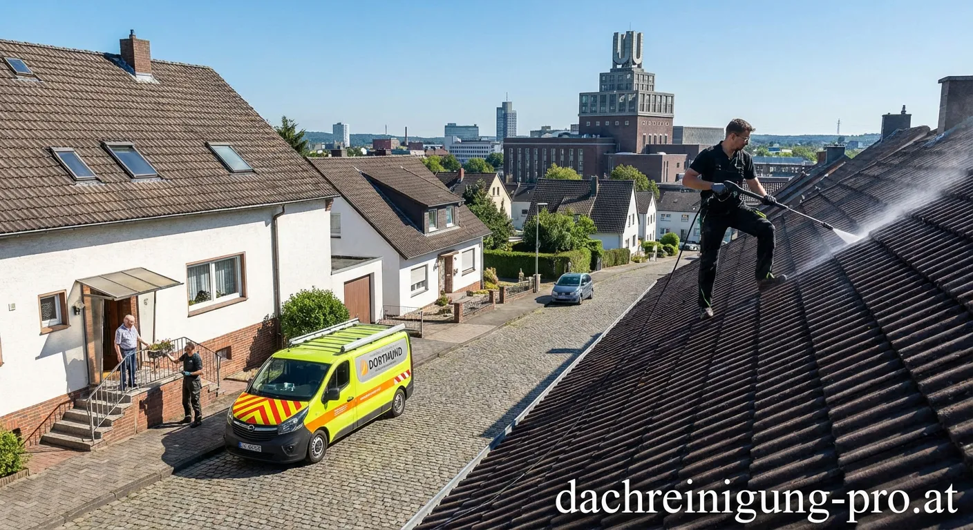 Fachmann bei der Dachreinigung auf einem Haus in Dortmund