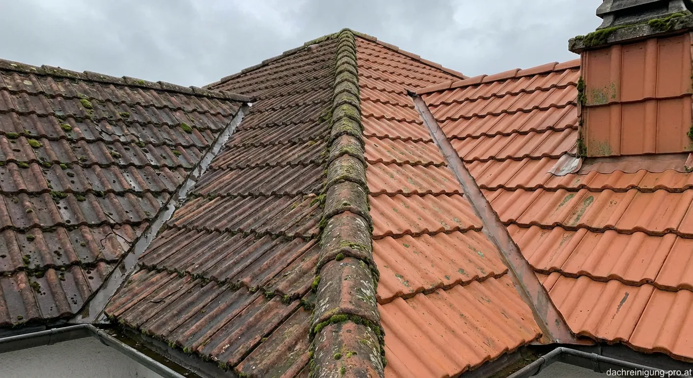 Fleckiges Dach nach unzureichender Reinigung mit Moosbewuchs