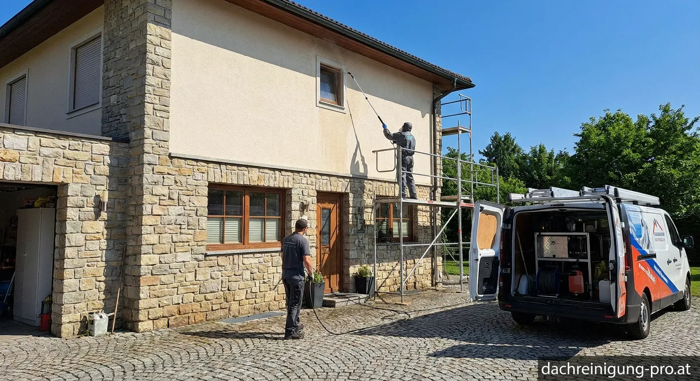 Professionelle Dachreinigung und Fassadenreinigung an einem Wohnhaus