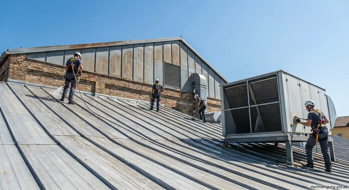 Professionelle Dachreinigung einer GEA Lüftungsanlage auf dem Dach