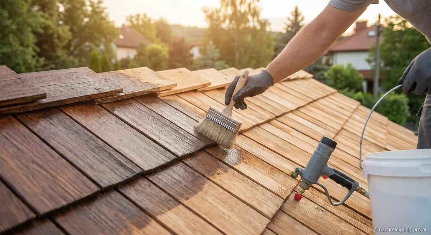 Fachmann führt Dachreinigung und Holzschutzmaßnahmen am Dachüberstand durch