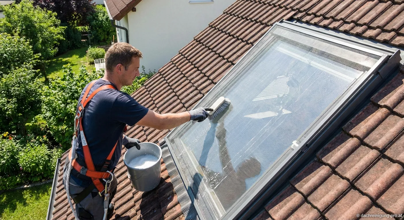 Reinigung eines Dachfensters mit Insektenschutzgitter bei der Dachpflege