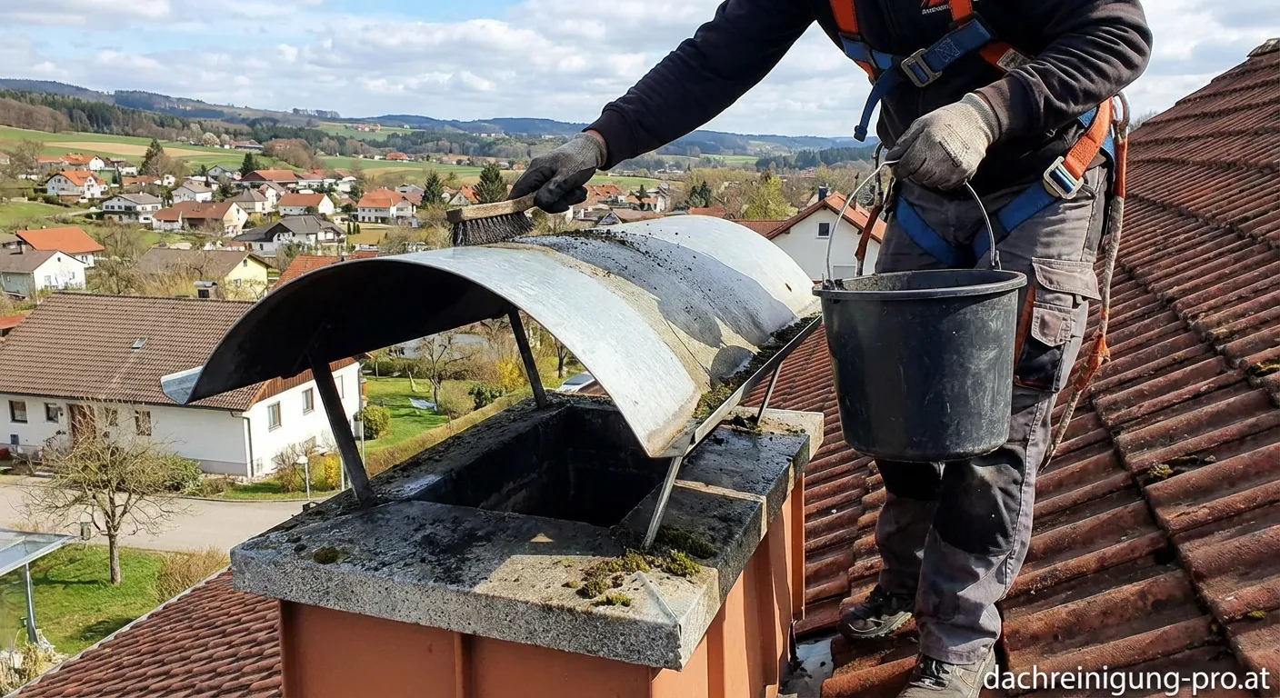 Professionelle Reinigung von Kaminhüten auf einem Dach