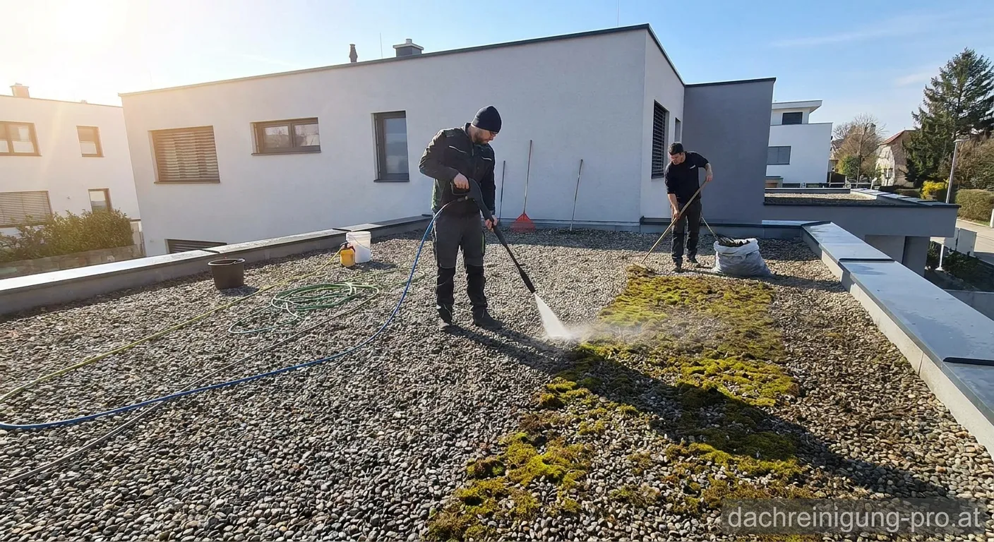 Professionelle Reinigung eines Kiesdaches mit speziellen Werkzeugen
