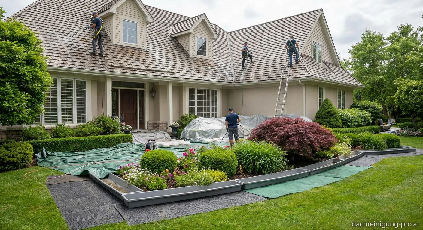 Professionelle Dachreinigung mit Schutzmaßnahmen für den umliegenden Landschaftsbau
