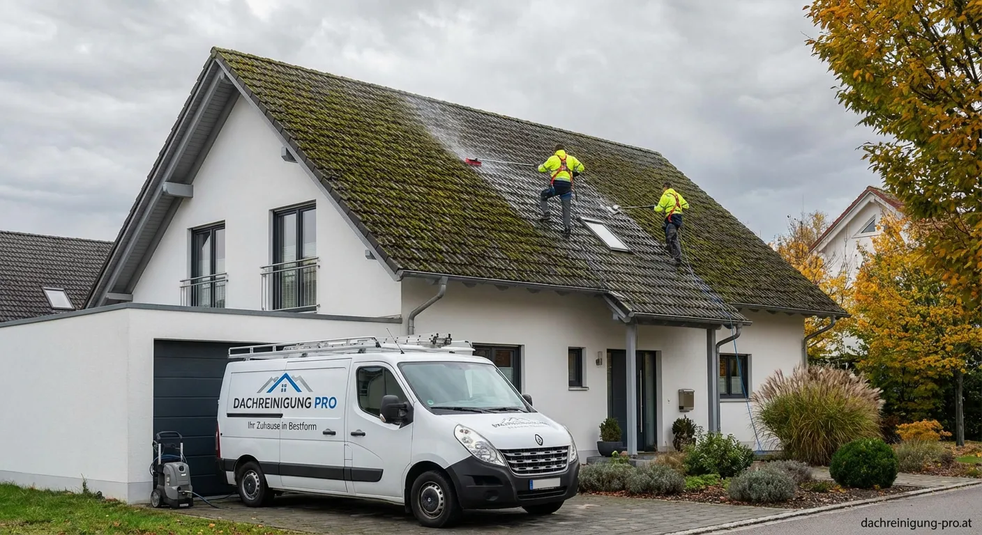 Professioneller Dachreiniger bei der Arbeit auf einem Ziegeldach