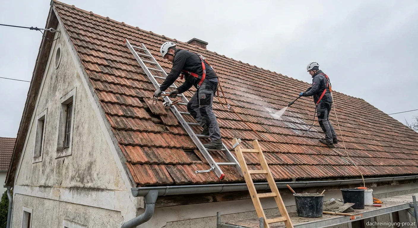 Handwerker befestigt lose Dachziegel während der professionellen Dachreinigung
