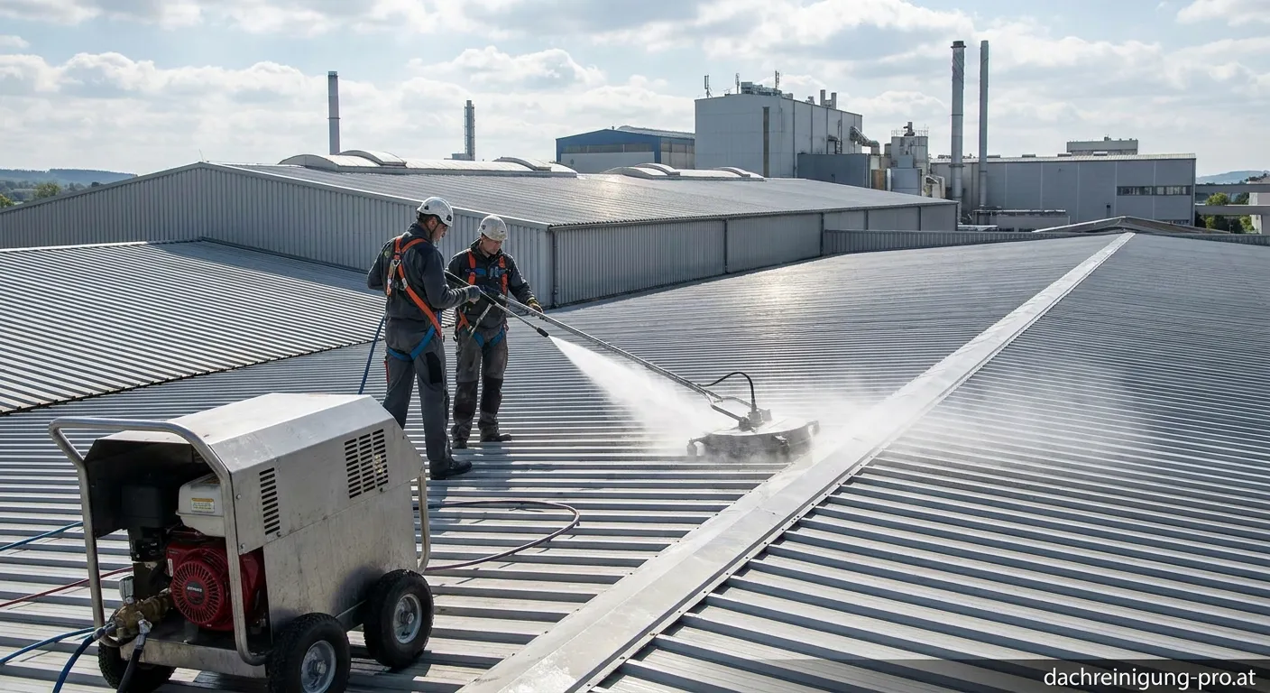 Professionelle Dachreinigung einer großen Produktionshalle von oben
