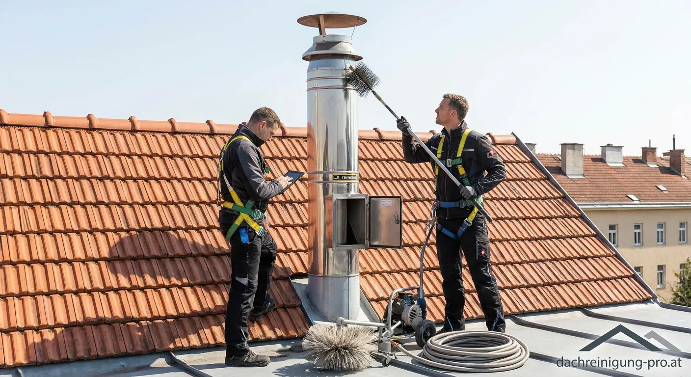 Remeha Abgasanlage auf dem Dach während professioneller Reinigung