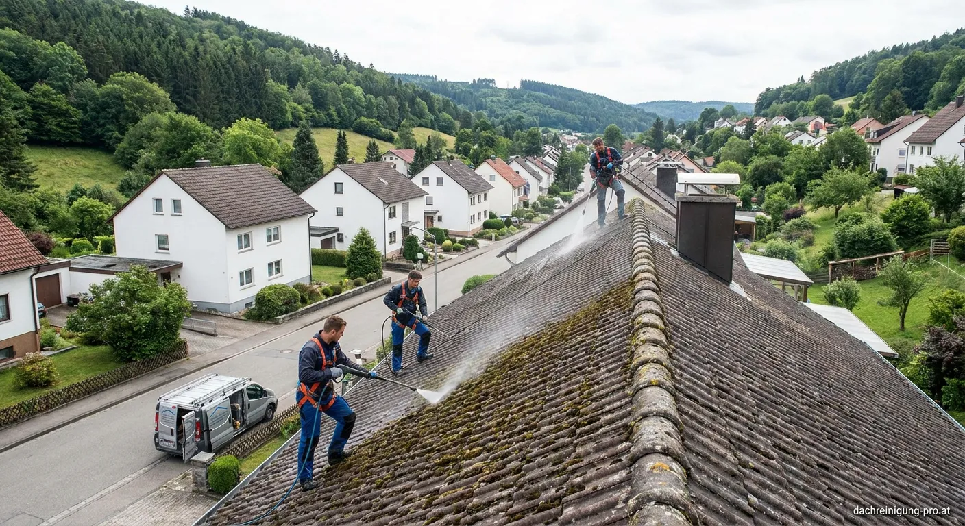 Fachkundige Arbeiter führen eine gründliche Dachreinigung durch