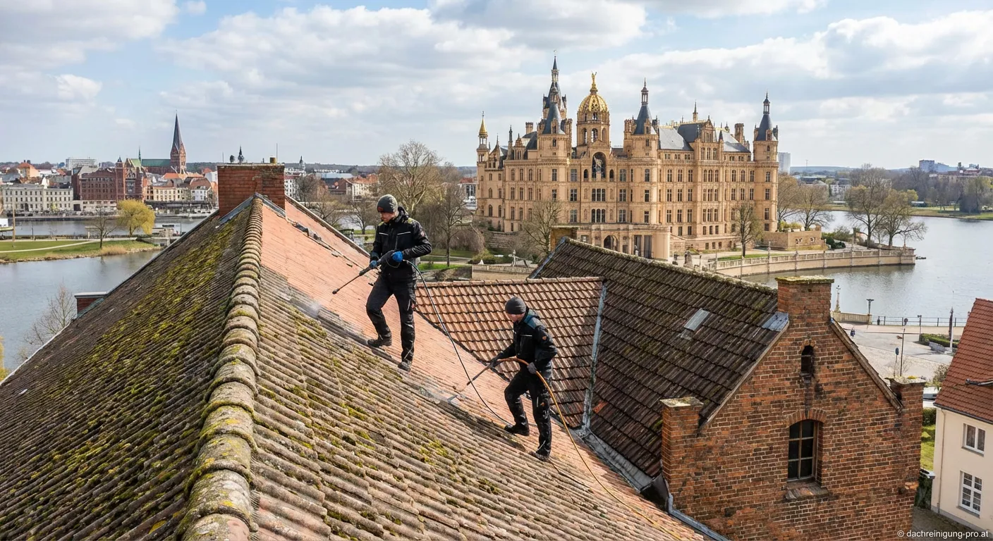 Fachmann bei der Dachreinigung auf einem geneigten Ziegeldach
