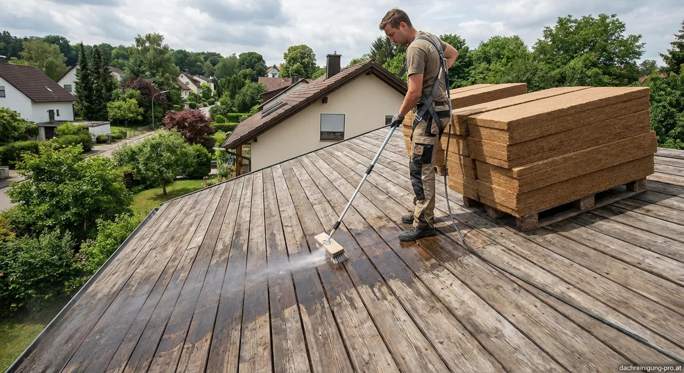 Professionelle Dachreinigung bei einem Haus mit Steico Holzfaser Dämmung