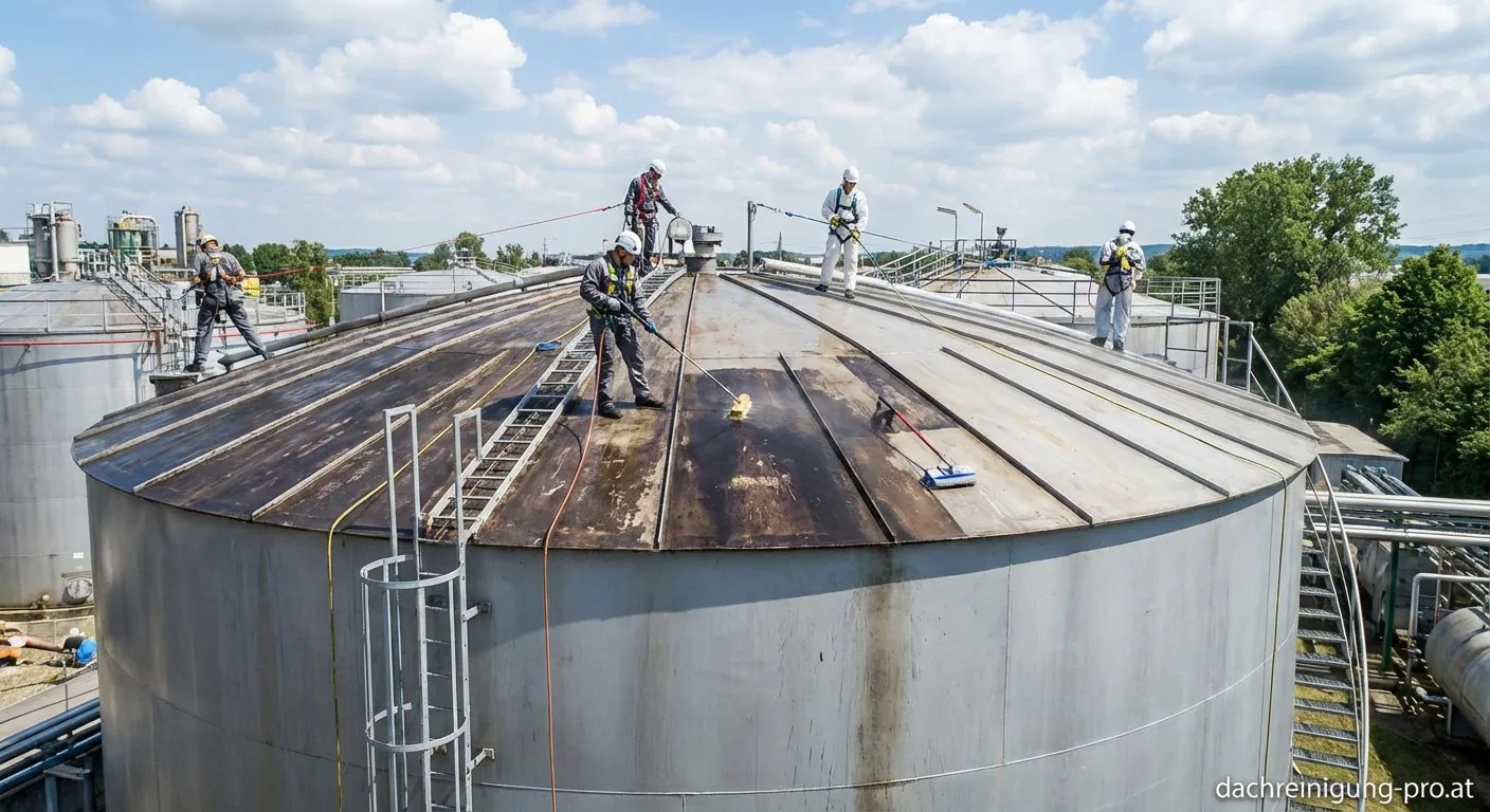 Professionelle Dachreinigung eines Tankdaches mit Hochdruckreiniger
