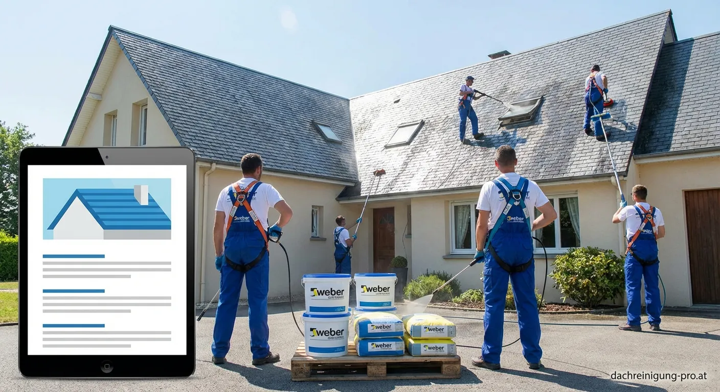 Arbeiter führt Dachreinigung mit Weber Saint-Gobain Produkten durch