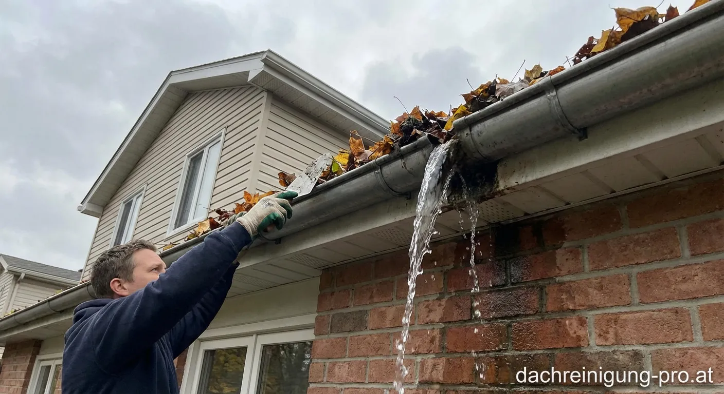 Handwerkler reinigt eine Dachrinne mit Handschuhen und Kelle