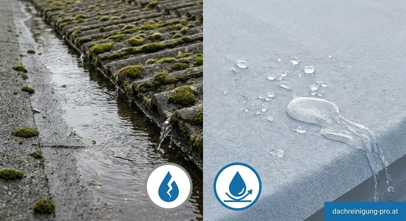 Arbeiter trägt hydrophobe Dachbeschichtung auf ein Ziegeldach auf